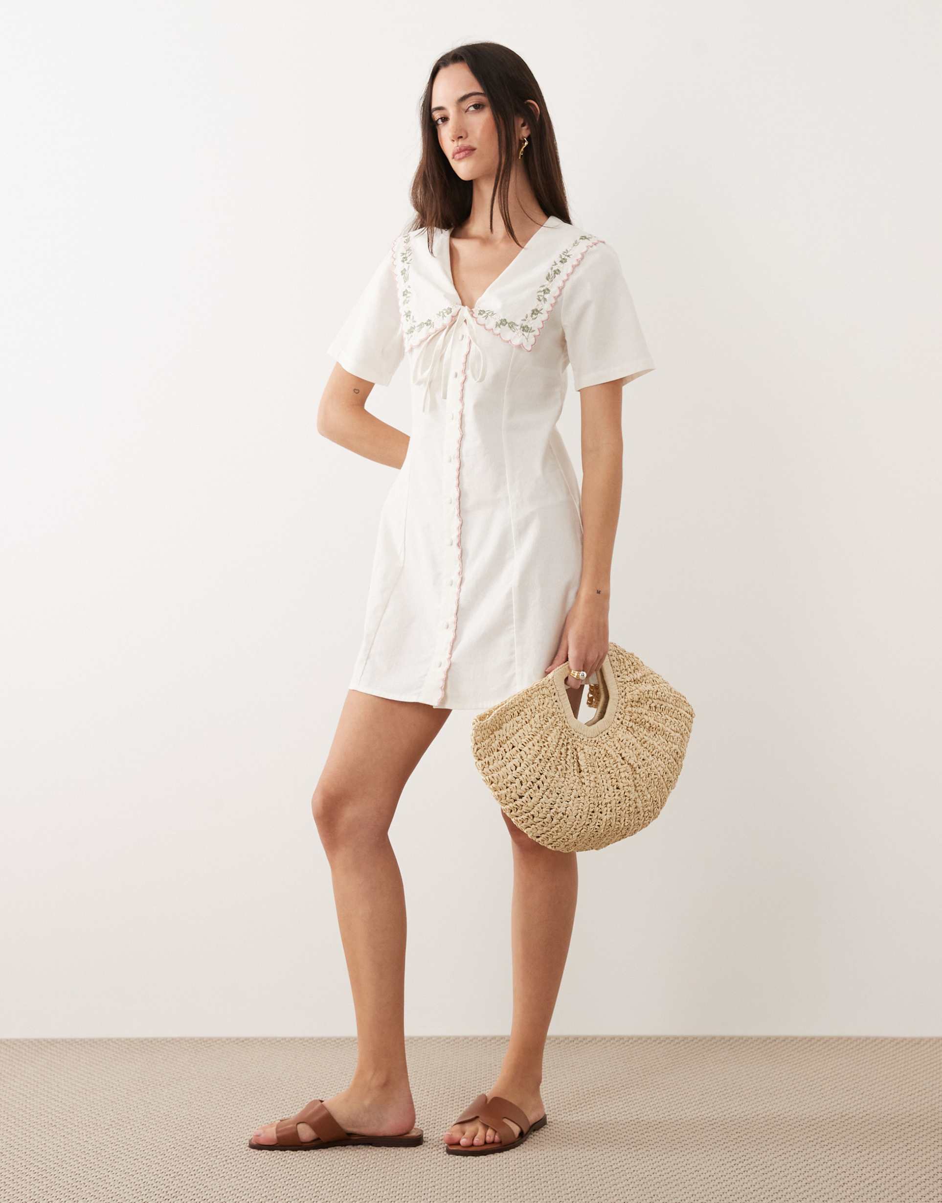 brave soul button front mini tea dress in off white with oversized collar and embroidery detail