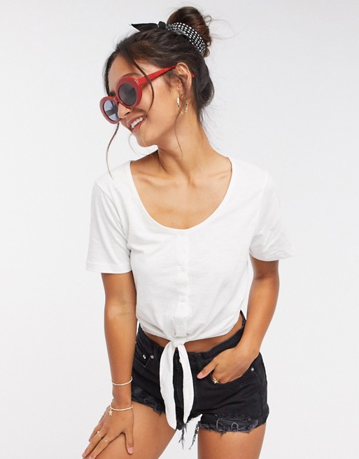 Brave Soul button front tie up t-shirt in white