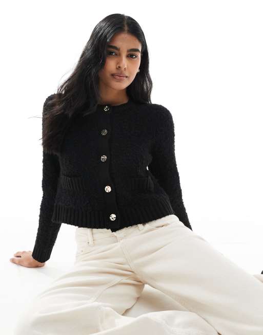 Brave Soul Button through boucle cardigan in black