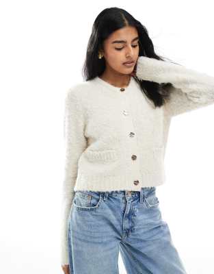 Brave Soul Button through boucle cardigan in ivory-White