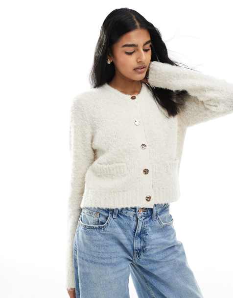 Brave Soul Button through boucle cardigan in ivory