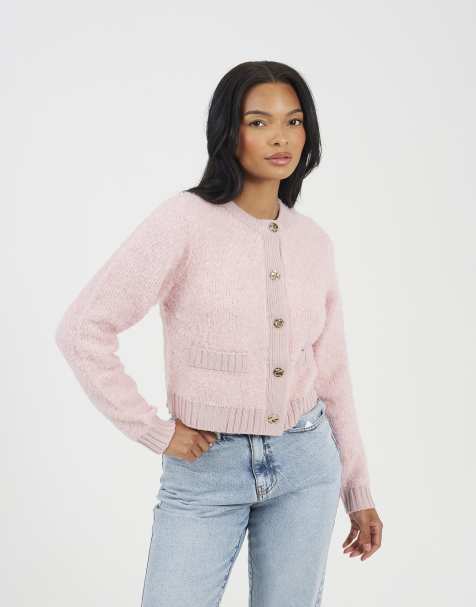 Brave Soul Button through boucle cardigan in pink