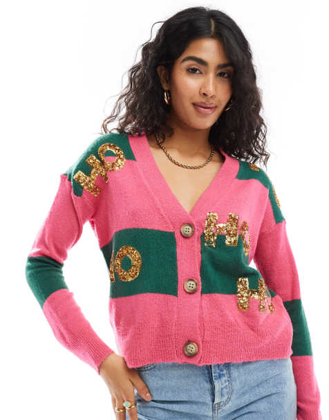 Brave Soul button through Christmas cardigan in pink and green stripe - view 1