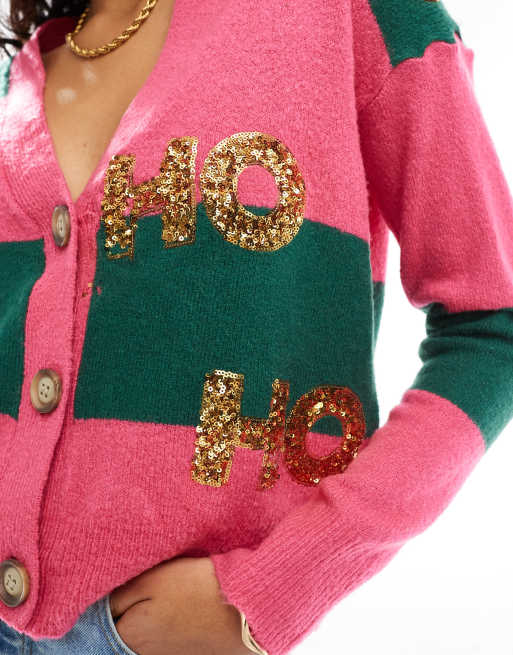 Brave Soul button through Christmas cardigan in pink and green stripe, 4 of 4