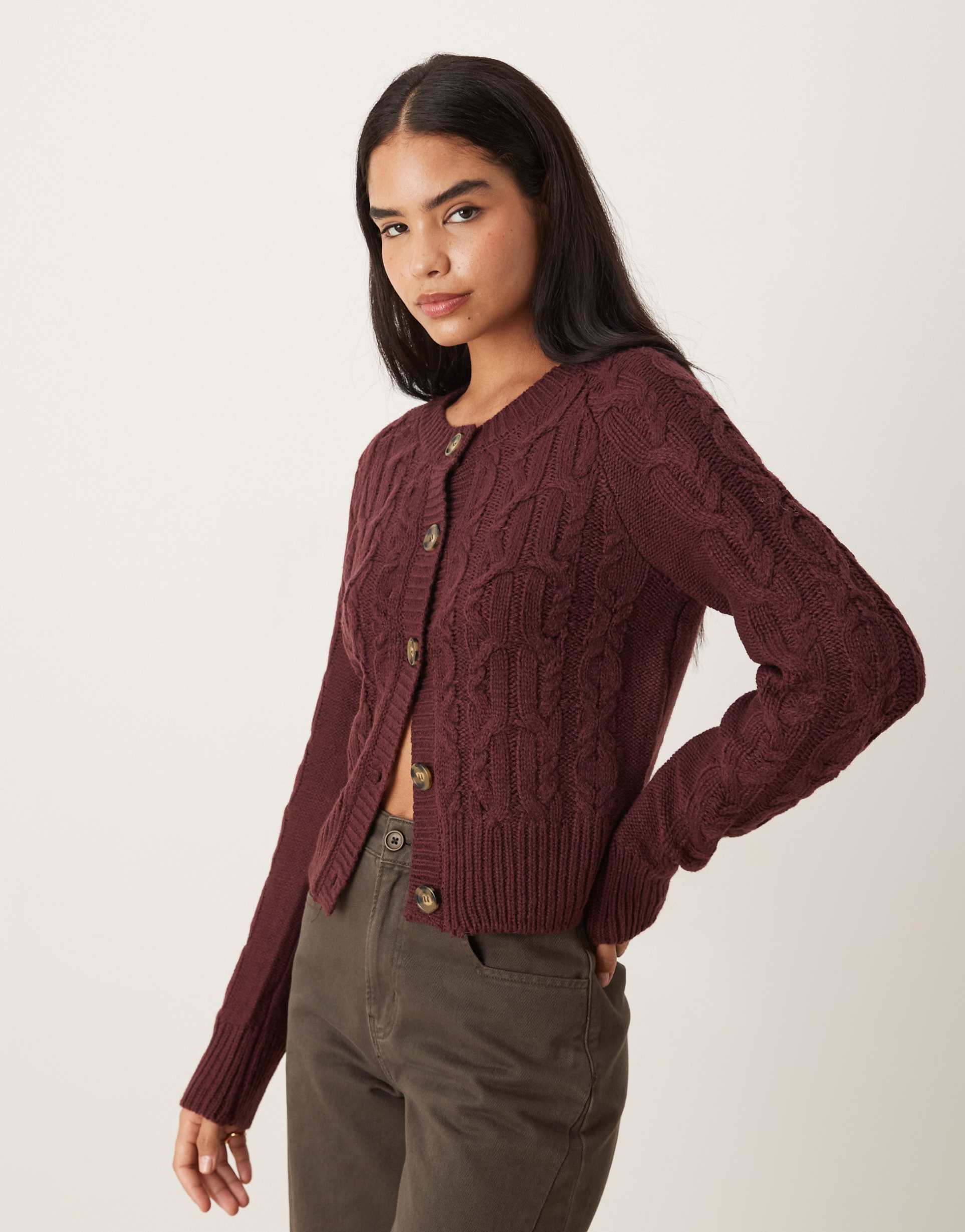 brave soul cable knit cardigan with contrast buttons in burgundy