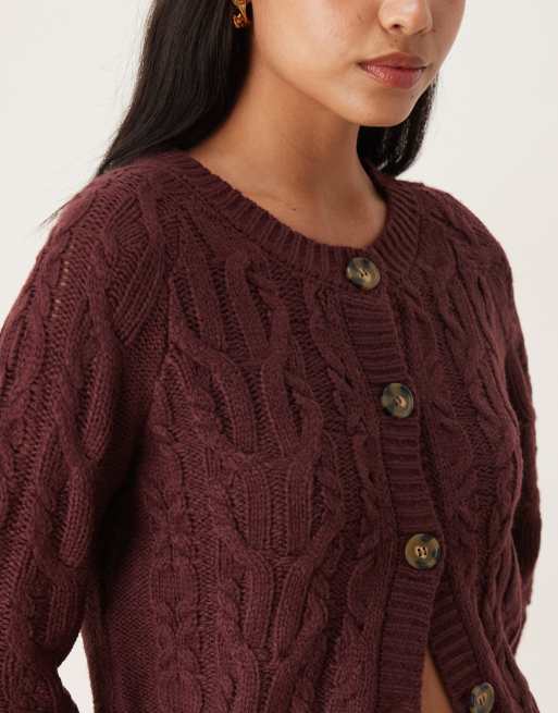Brave Soul cable knit cardigan with contrast buttons in burgundy, 2 of 4