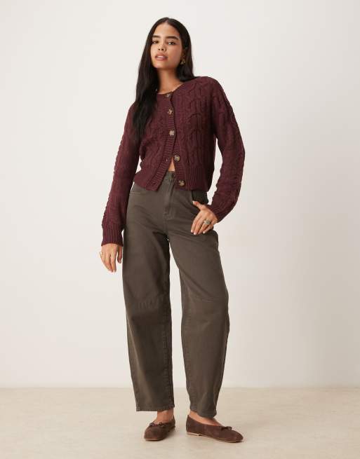 Brave Soul cable knit cardigan with contrast buttons in burgundy, 4 of 4