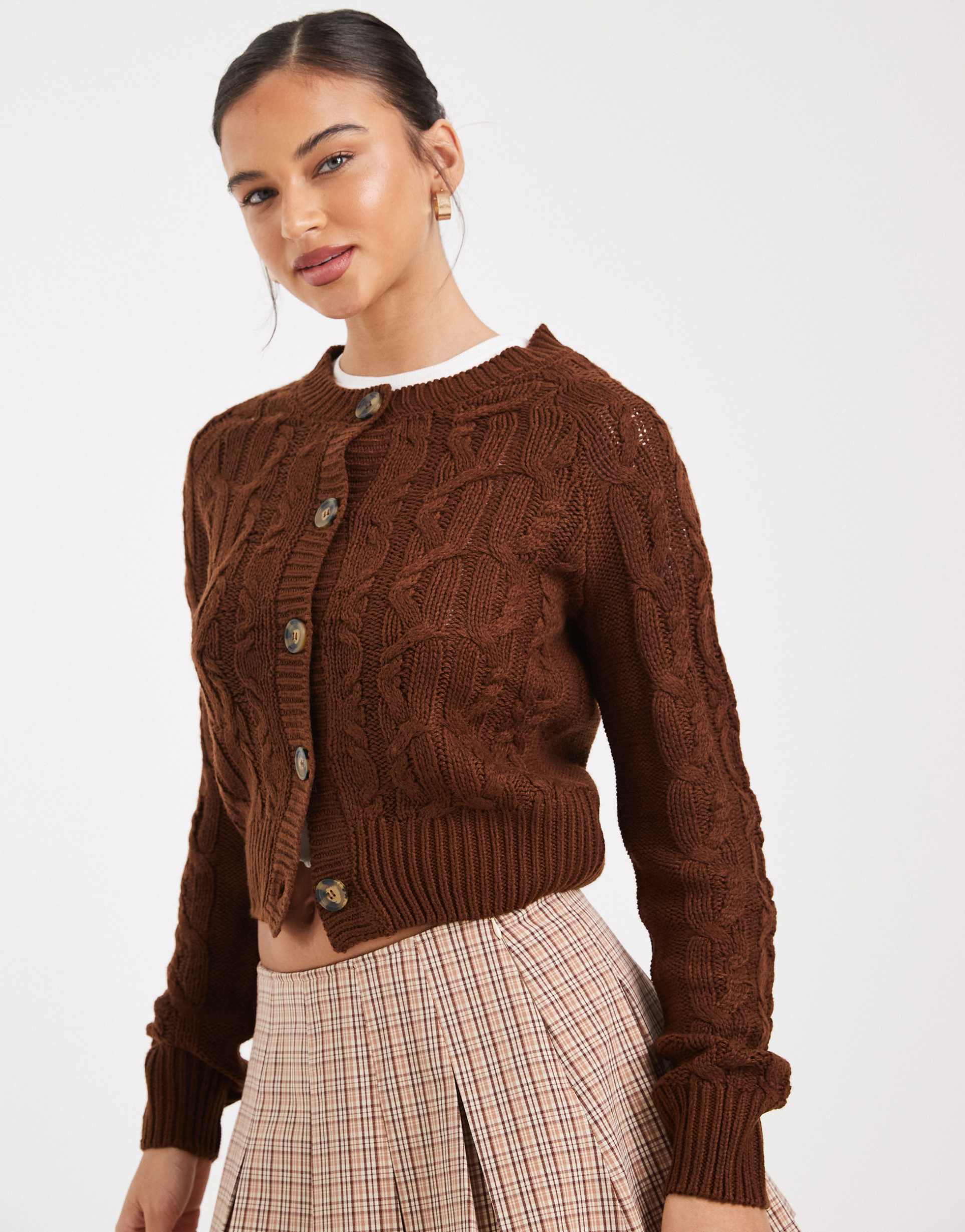 brave soul cable knit crew neck cardigan in brown