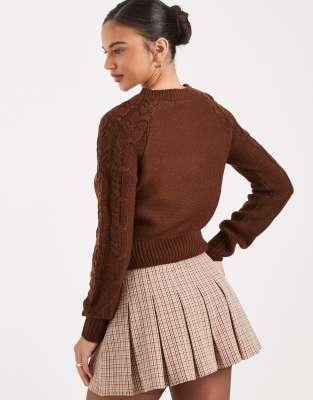 Brave Soul Cable Knit Crew Neck Cardigan In Red