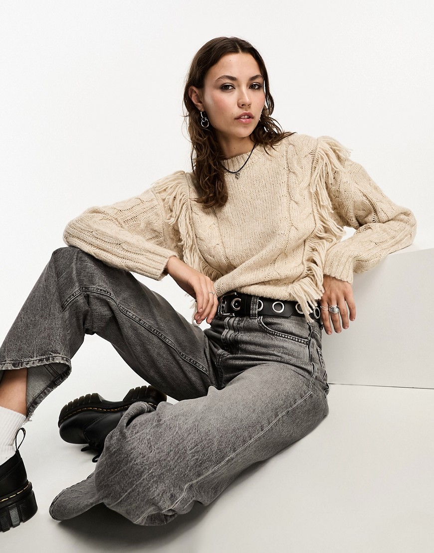 Brave Soul cable knit jumper with tassel detail in ecru-Neutral