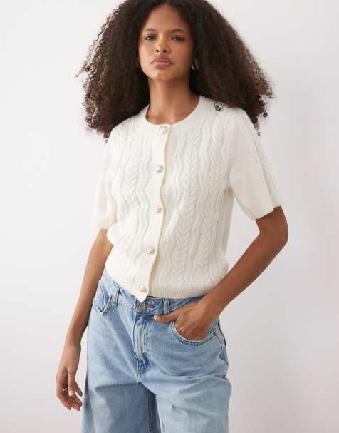 Brave Soul cable knit short sleeve cardigan with gold shell buttons in ecru