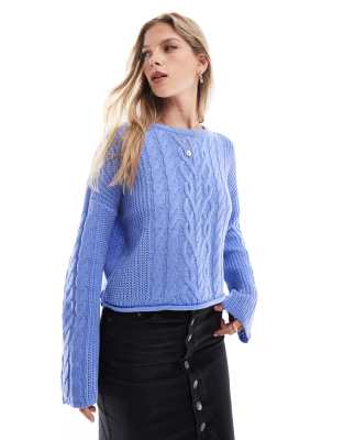 Brave Soul cable knit wide sleeve jumper in cornflower blue