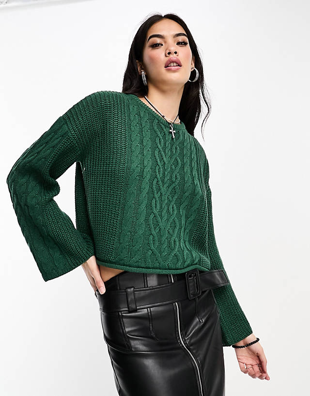 Brave Soul - cable knit wide sleeve jumper in forest green