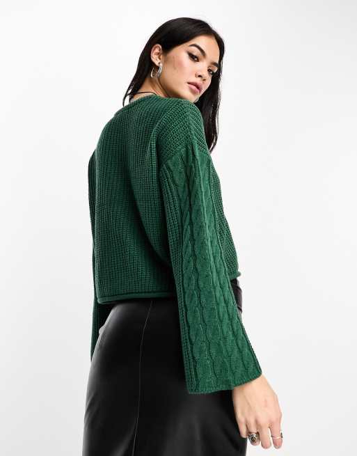 Brave Soul cable knit wide sleeve jumper in forest green, 2 of 4