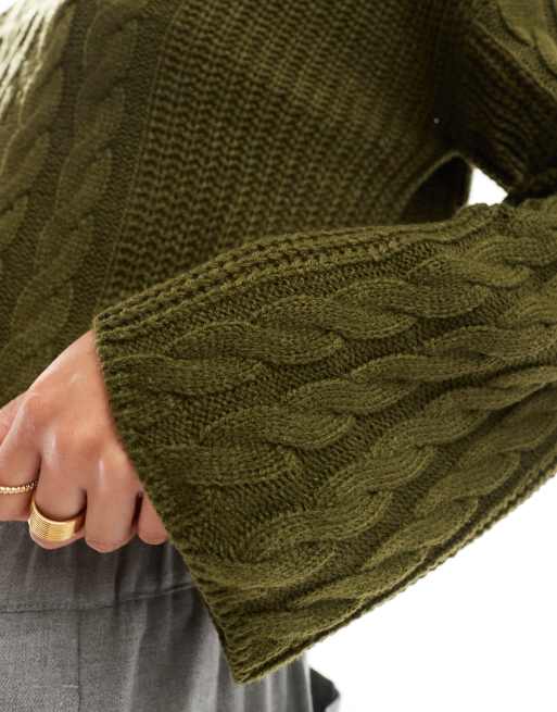 Brave Soul cable knit wide sleeve jumper in khaki, 4 of 4
