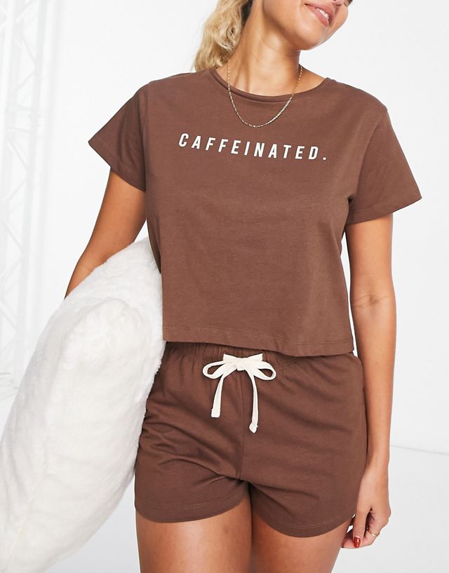 Brave Soul caffeinated crop tee and short pajama set in brown