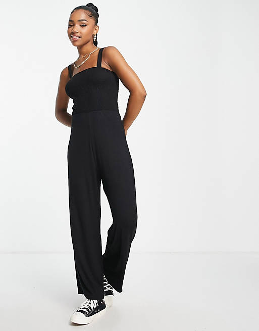 Brave Soul calla shirred cami culotte jumpsuit in black | ASOS