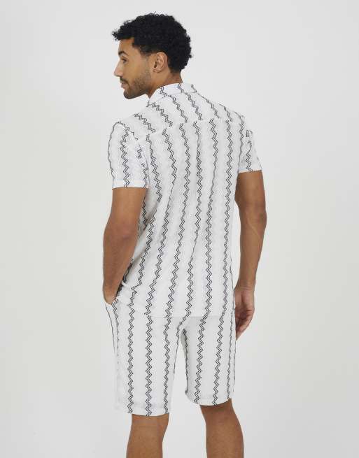 Brave Soul - Camicia a maniche corte bianca a righe ondulate con colletto a rever, 2 di 4