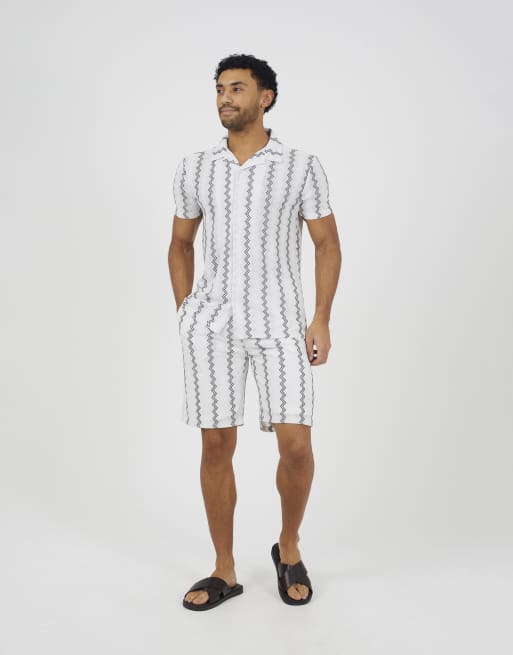 Brave Soul - Camicia a maniche corte bianca a righe ondulate con colletto a rever, 3 di 4