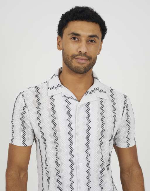 Brave Soul - Camicia a maniche corte bianca a righe ondulate con colletto a rever, 4 di 4