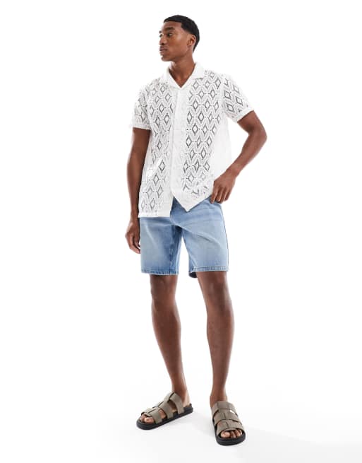 Brave Soul - Camicia a maniche corte bianca all'uncinetto con motivo geometrico, 2 di 4