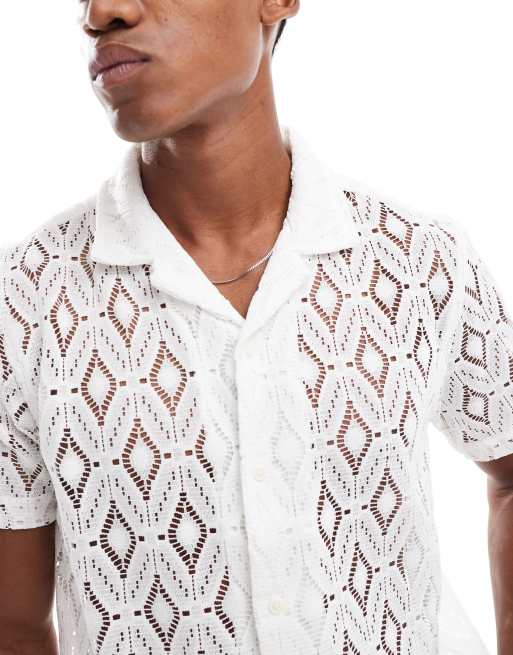 Brave Soul - Camicia a maniche corte bianca all'uncinetto con motivo geometrico, 4 di 4