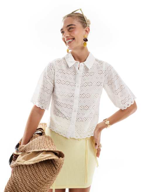 Brave Soul - Camicia a maniche corte bianca con dettagli in pizzo