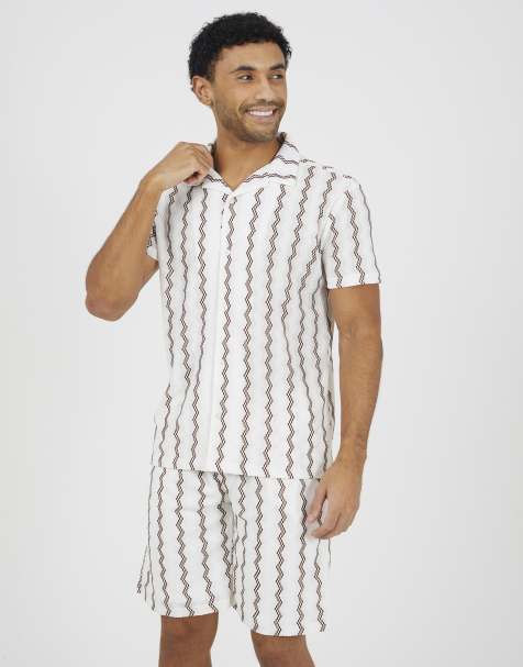 Brave Soul - Camicia a maniche corte bianco sporco a righe ondulate con colletto a rever - view 1