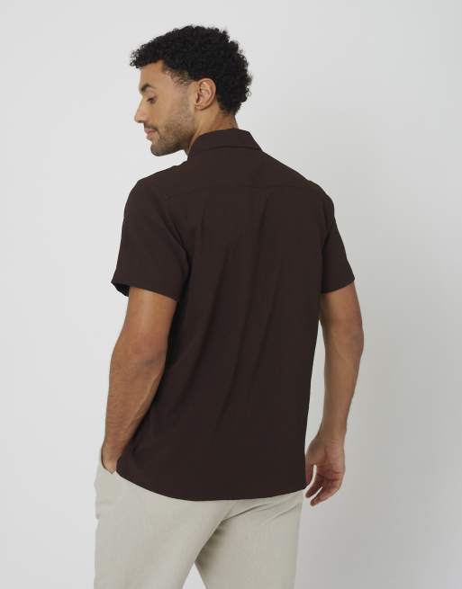 Brave Soul - Camicia a maniche corte color cioccolato testurizzata con rever, 2 di 4