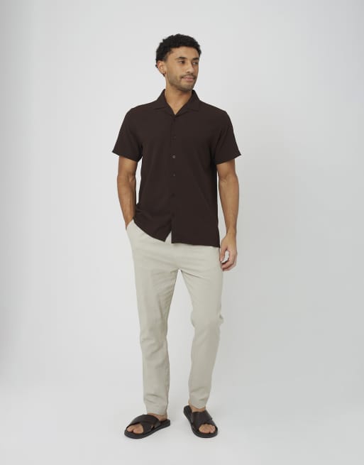 Brave Soul - Camicia a maniche corte color cioccolato testurizzata con rever, 3 di 4