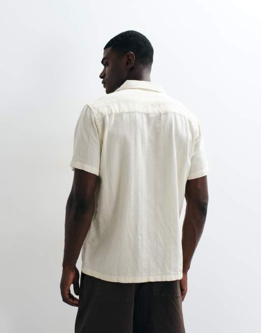 Brave Soul - Camicia a maniche corte color crema con colletto a rever, 5 di 5