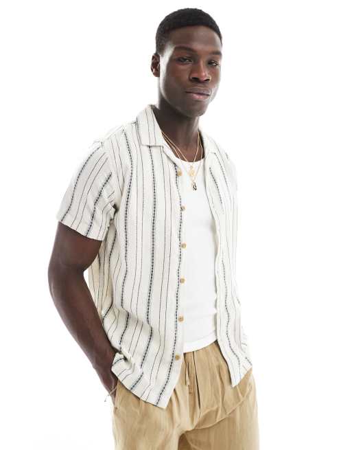 Brave Soul - Camicia a maniche corte color écru a righe testurizzate