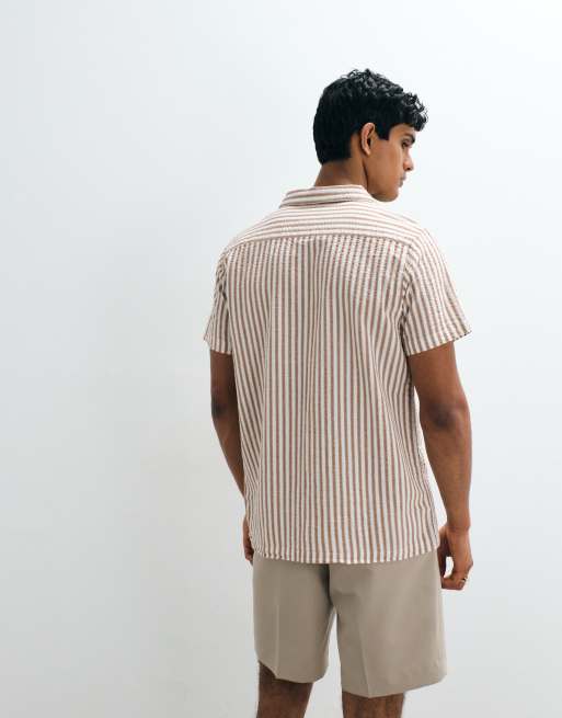 Brave Soul - Camicia a maniche corte in seersucker écru a righe con collo con rever, 4 di 5