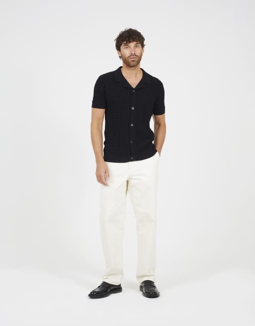 Brave Soul - Camicia a maniche corte nera in maglia con colletto a rever, 3 di 4