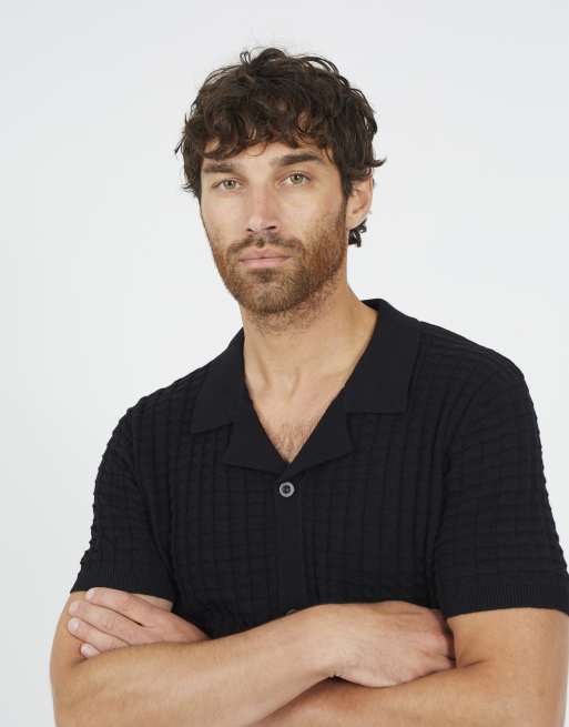 Brave Soul - Camicia a maniche corte nera in maglia con colletto a rever, 4 di 4