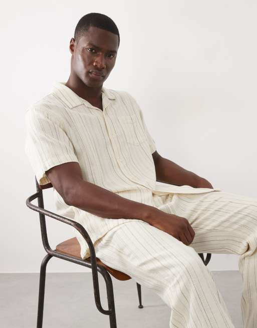 Brave Soul - Camicia a maniche corte testurizzata color crema e marrone a righe in coordinato