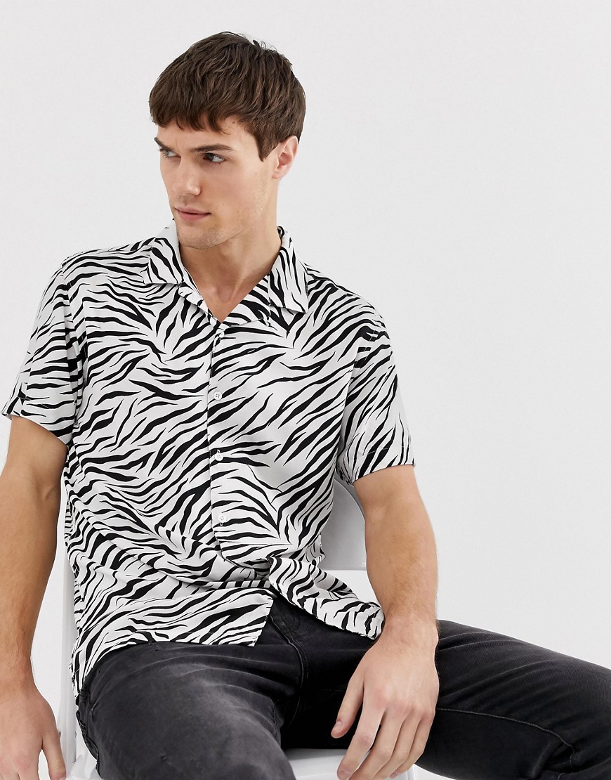 Brave Soul - Camicia con stampa animal zebrata a maniche corte-Bianco