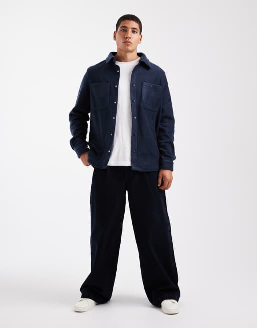 Brave Soul - Camicia giacca a maniche lunghe in pile color blu navy con tasche sul davanti, 2 di 5