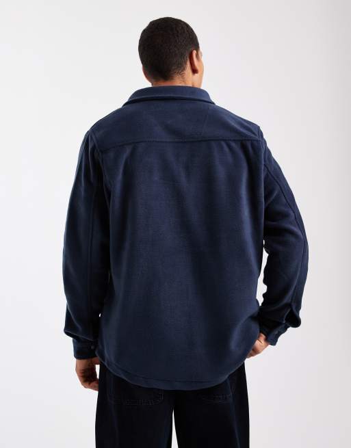 Brave Soul - Camicia giacca a maniche lunghe in pile color blu navy con tasche sul davanti, 3 di 5