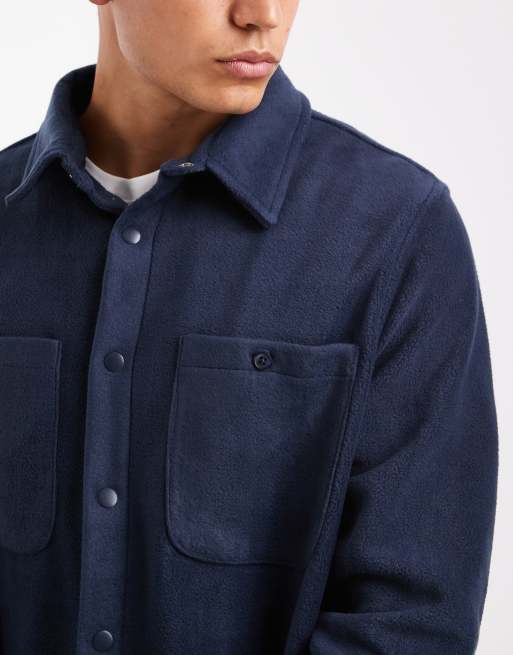 Brave Soul - Camicia giacca a maniche lunghe in pile color blu navy con tasche sul davanti, 5 di 5
