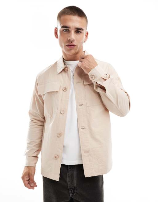Brave Soul - Camicia giacca leggera color pietra in seersucker in coordinato