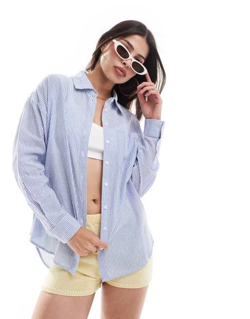 Brave Soul - Camicia in seersucker blu a righe bianche