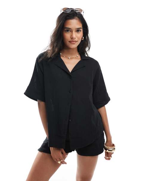 Brave Soul - Camicia nera a maniche corte testurizzata con bottoni in coordinato - view 1