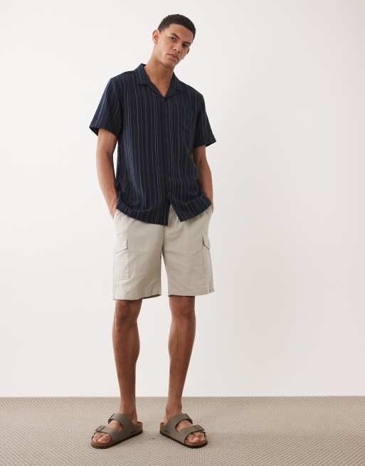 Brave Soul - Camicia testurizzata a maniche corte blu navy e panna a righe, 2 di 5