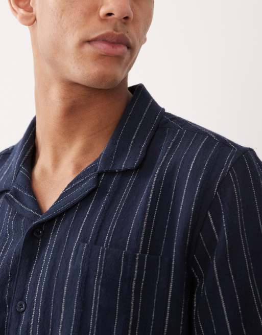 Brave Soul - Camicia testurizzata a maniche corte blu navy e panna a righe, 3 di 5