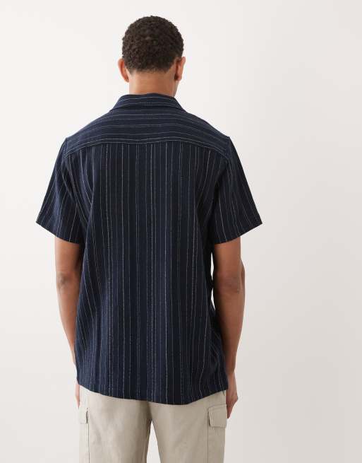 Brave Soul - Camicia testurizzata a maniche corte blu navy e panna a righe, 5 di 5