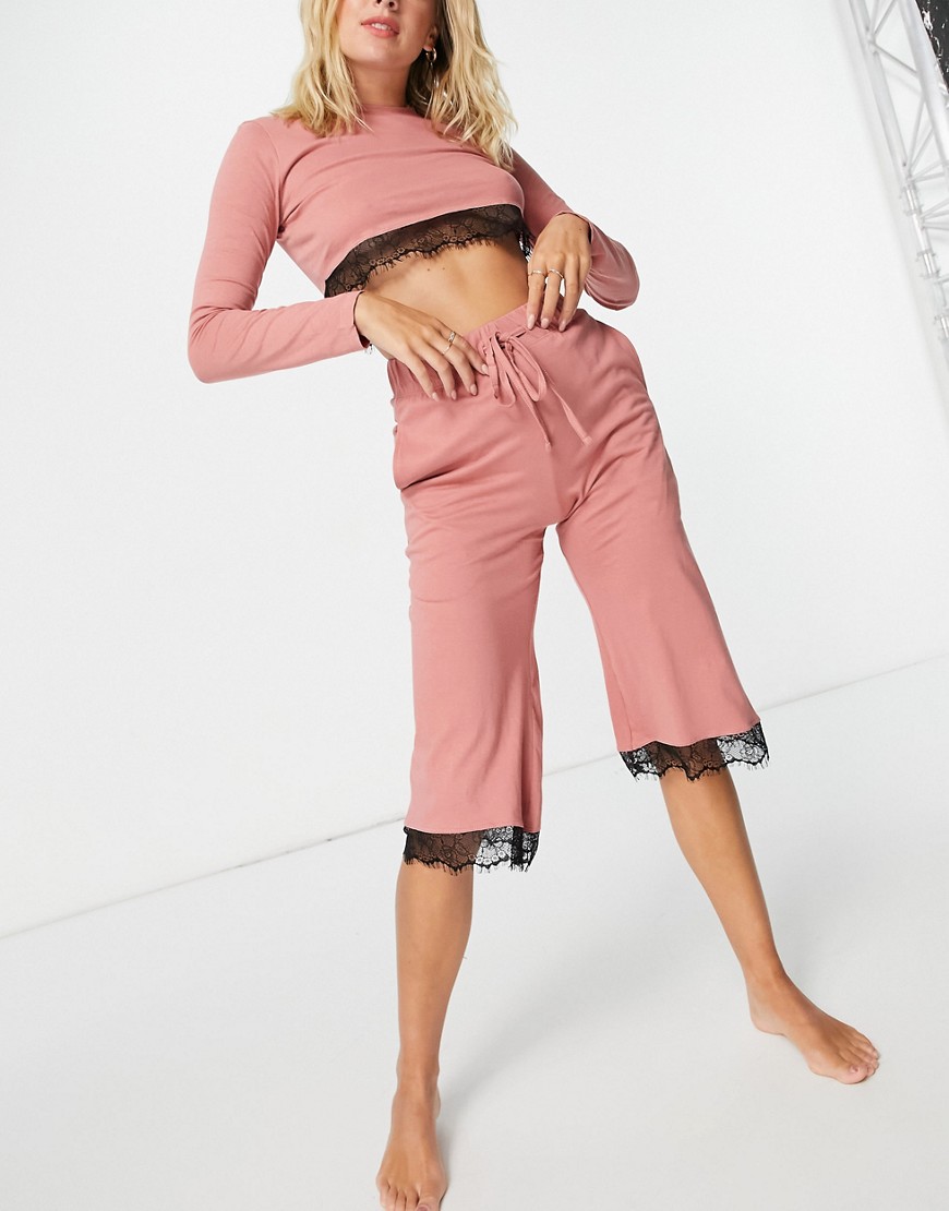 Brave Soul camilla lounge set with crop pants and lace trim in blush pink