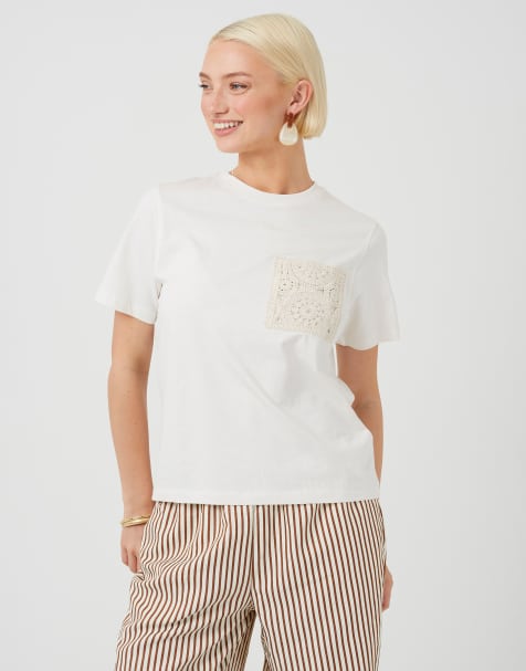 Brave Soul - Camiseta de algodón con bolsillo de croché en el pecho blanca - view 1