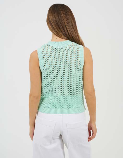 Brave Soul - Canotta girocollo in maglia traforata verde menta, 2 di 4