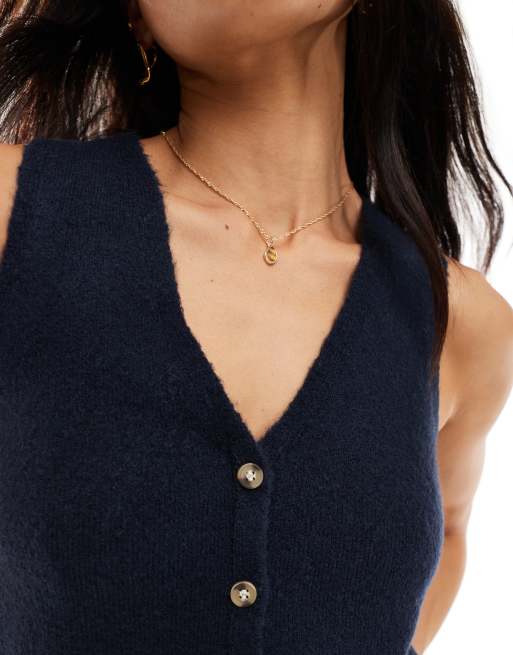 Brave Soul - Canotta in maglia blu navy con bottoni a contrasto, 2 di 4